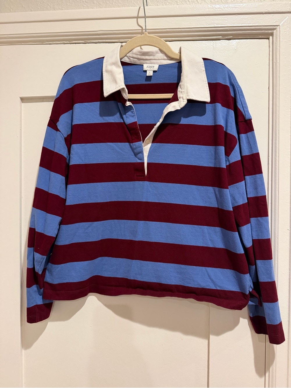 J. Crew Light Blue and Burgundy Striped Rugby Shirt with Cream Collar